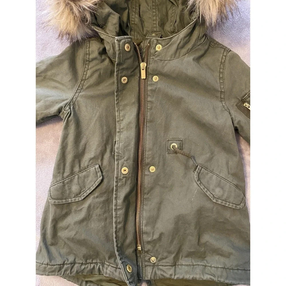 Gap Parka Coat Toddler Girls 2T Green Faux Fur Hood Canvas Lined‎ Zip Pockets